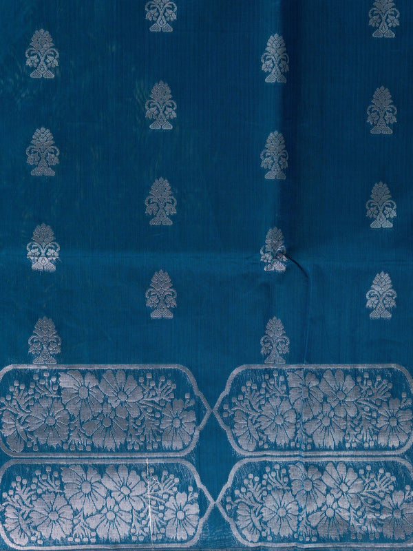 Peacock blue silk cotton saree with silver zari buttas and diamond-patterned zari border and pallu