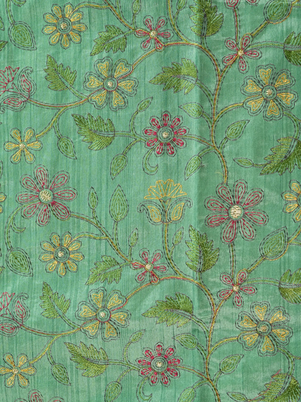 Green semi tussar saree with multicolour floral thread embroidery and gold zari accents