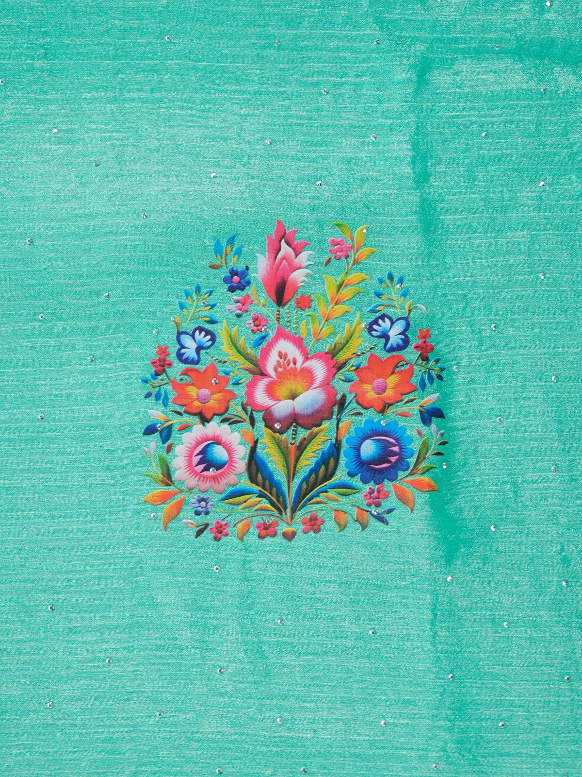 Sea green tissue designer saree with multicolour floral motifs and scalloped silver stone border
