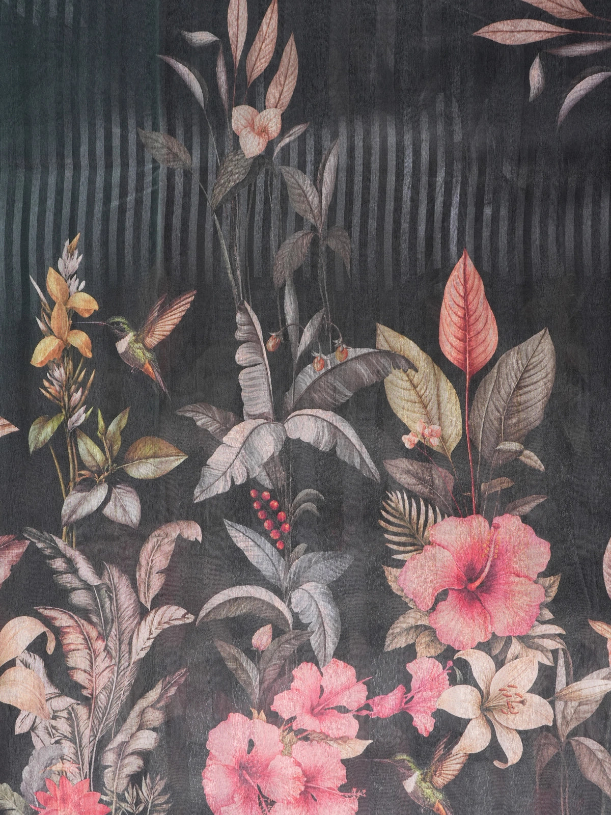 Black semi tussar saree with diagonal stripes, gold zari border and tropical floral hummingbird print pallu