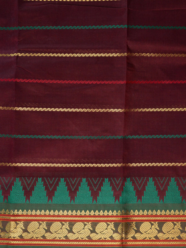 Maroon Chettinad cotton saree with gold zari stripes and green temple border