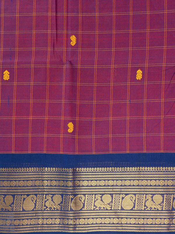 Purple Chettinad cotton saree with blue gold zari contrast border and yellow paisley buttas