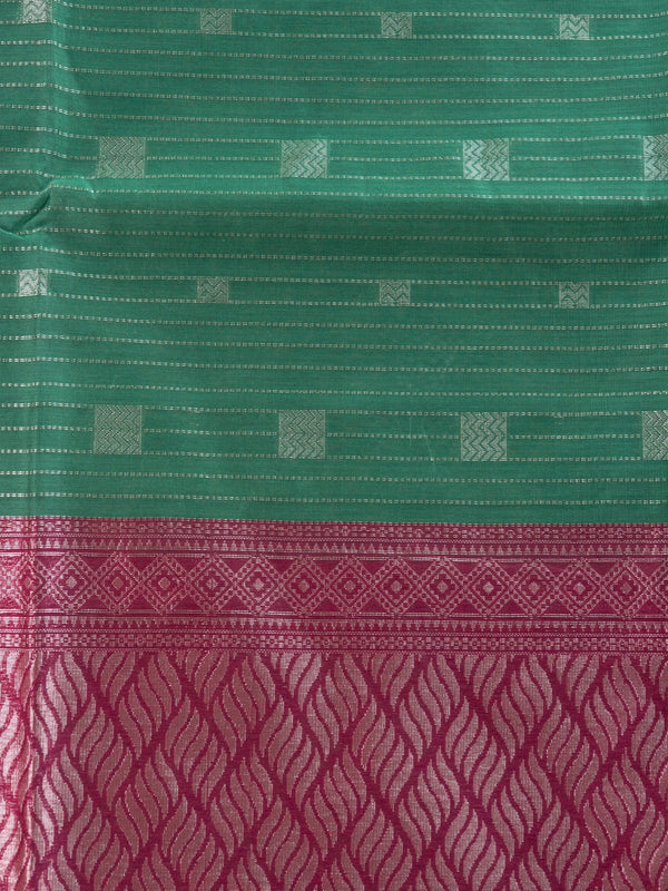 Green silk cotton saree with silver zari stripes and contrast magenta zari border and pallu