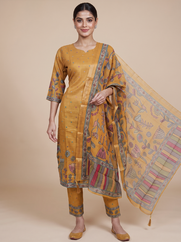 Mustard cotton silk Kalamkari printed ready made kurti set with straight pants and folk-art dupatta