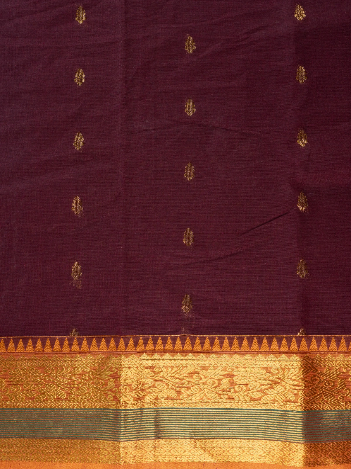 Wine Chettinad cotton saree with gold zari buttas and contrast mustard-gold temple border