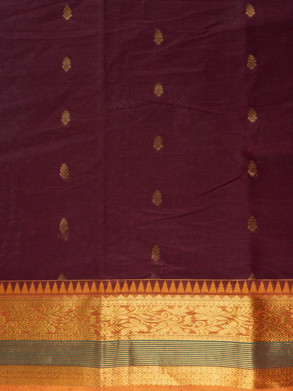 Wine Chettinad cotton saree with gold zari buttas and contrast mustard-gold temple border