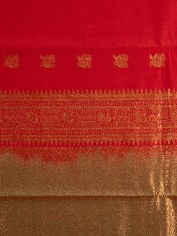 Red pure silk cotton saree with gold zari border, temple pallu, and woven buttas