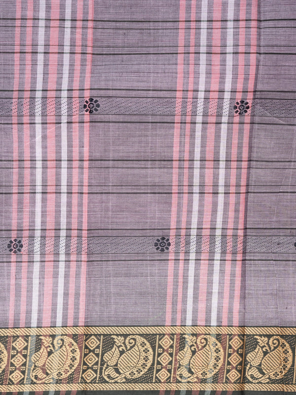 Mauve and pink checked Chettinad cotton saree with dark green gold zari peacock border