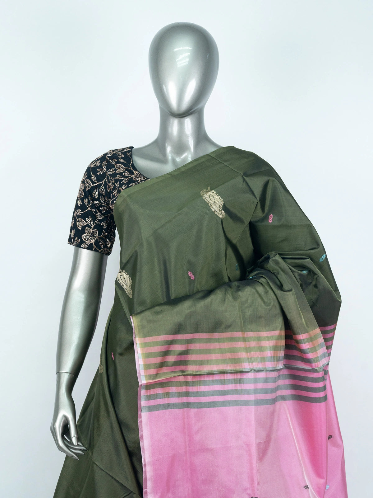 Olive Green and Pink Banana Silk Sarees