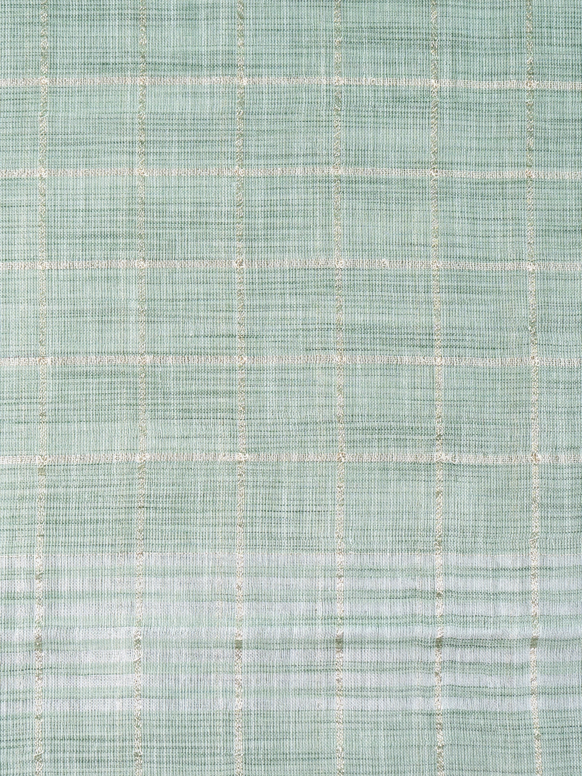 Sage green linen cotton saree with gold zari checked pattern and striped pallu