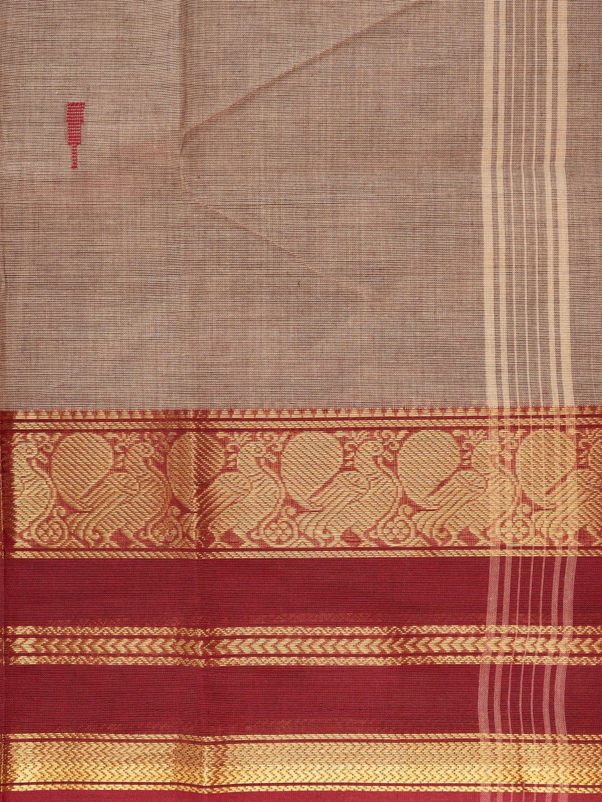 Taupe-grey Chettinad cotton saree with maroon and gold zari contrast border and red butta motifs
