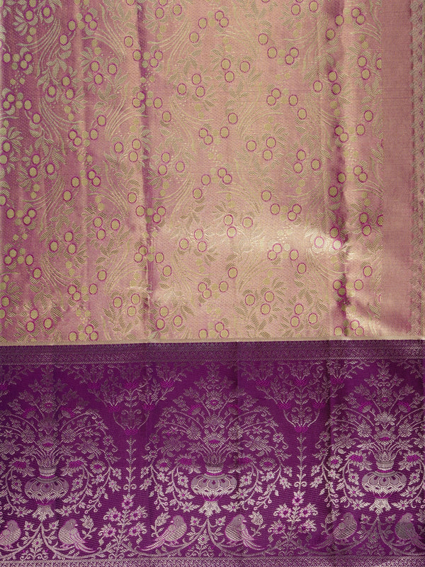 Rose gold and purple pure Kanchipuram silk saree with gold zari floral jaal body and contrast purple peacock border