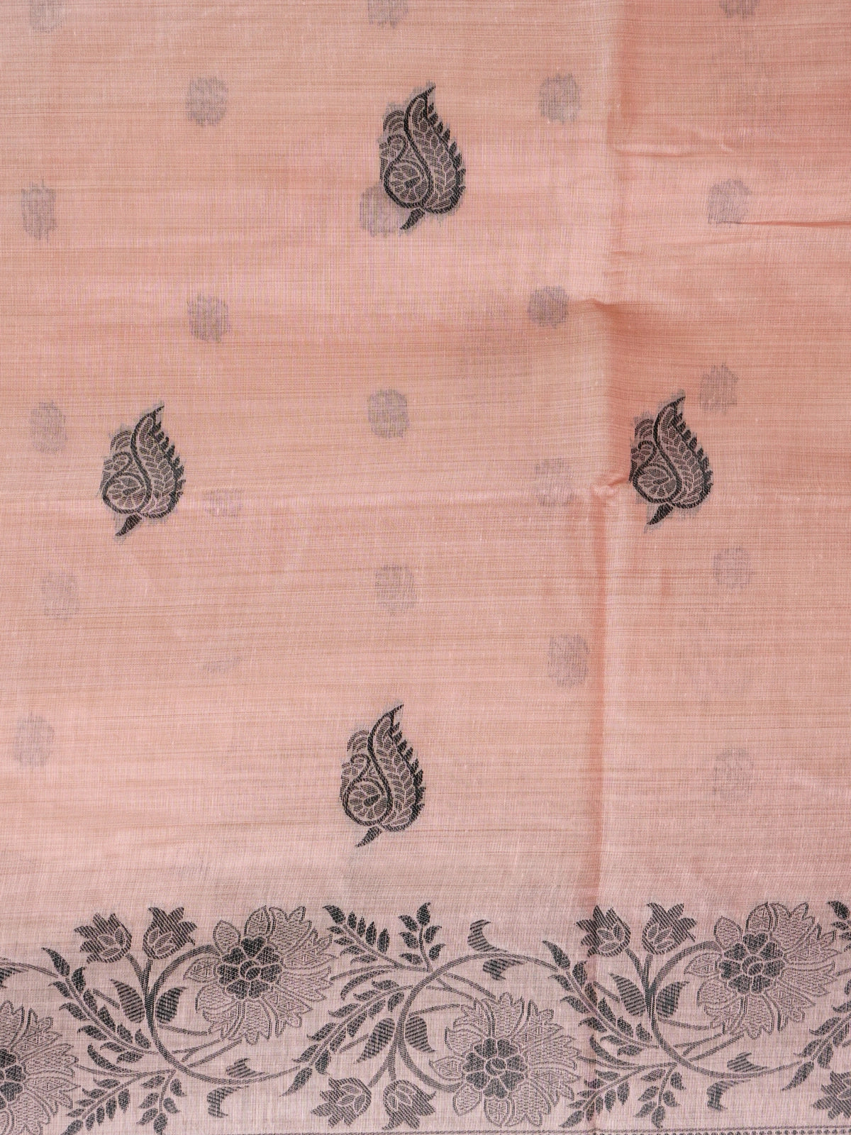 Peach linen cotton saree with grey floral border, paisley buta body and figurative peacock-deer pallu