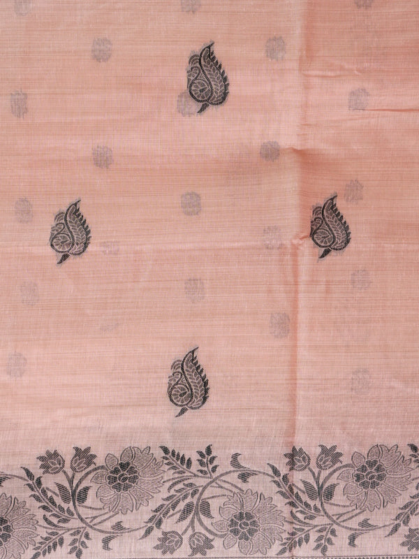 Peach linen cotton saree with grey floral border, paisley buta body and figurative peacock-deer pallu