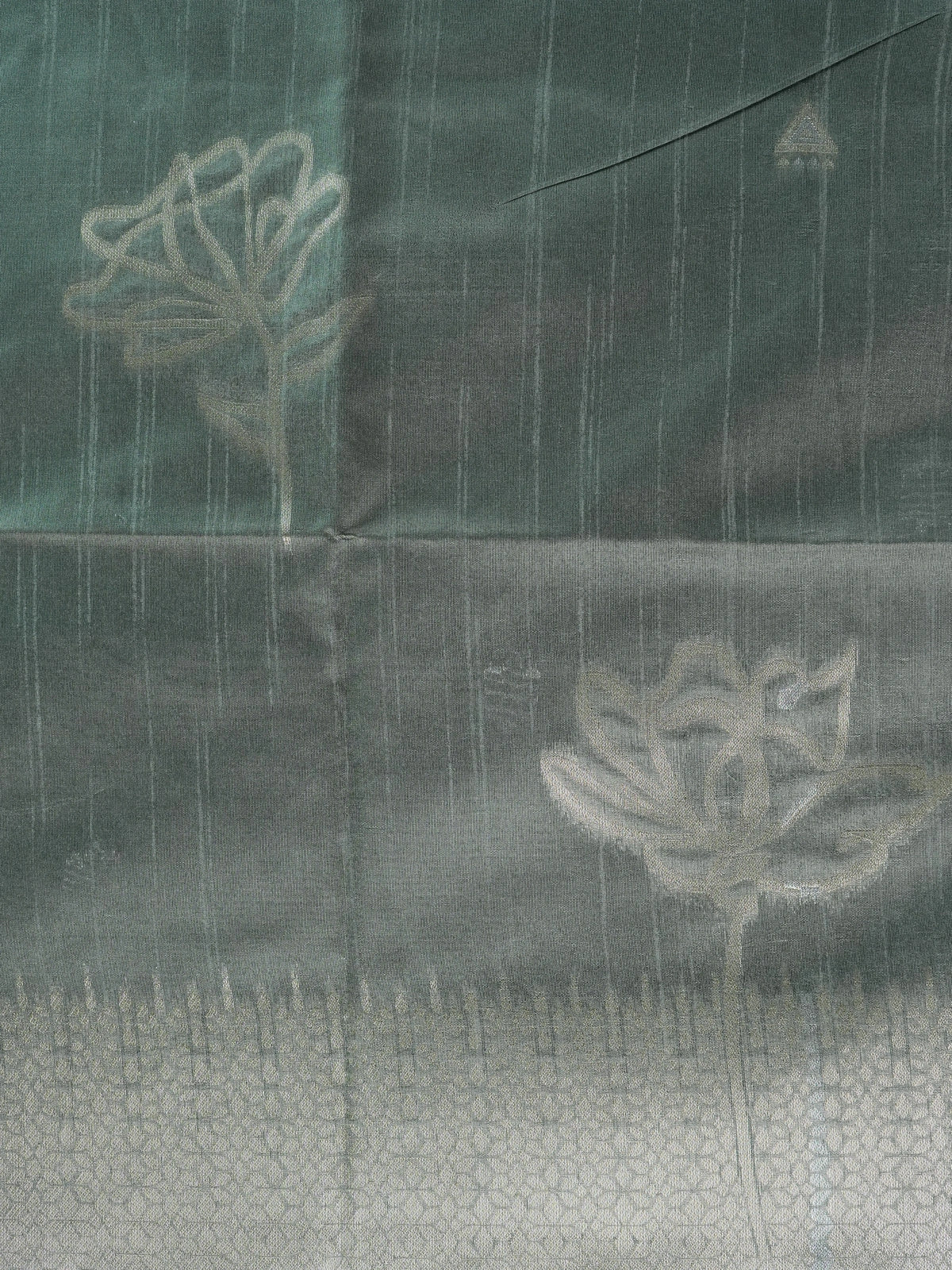 Sage grey semi tussar saree with silver zari floral pallu and border