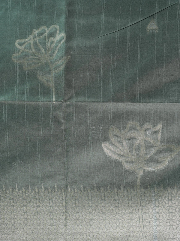 Sage grey semi tussar saree with silver zari floral pallu and border