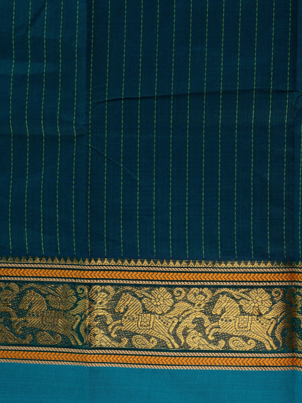 Teal blue Chettinad cotton saree with green pinstripes, gold zari border and contrast magenta pallu