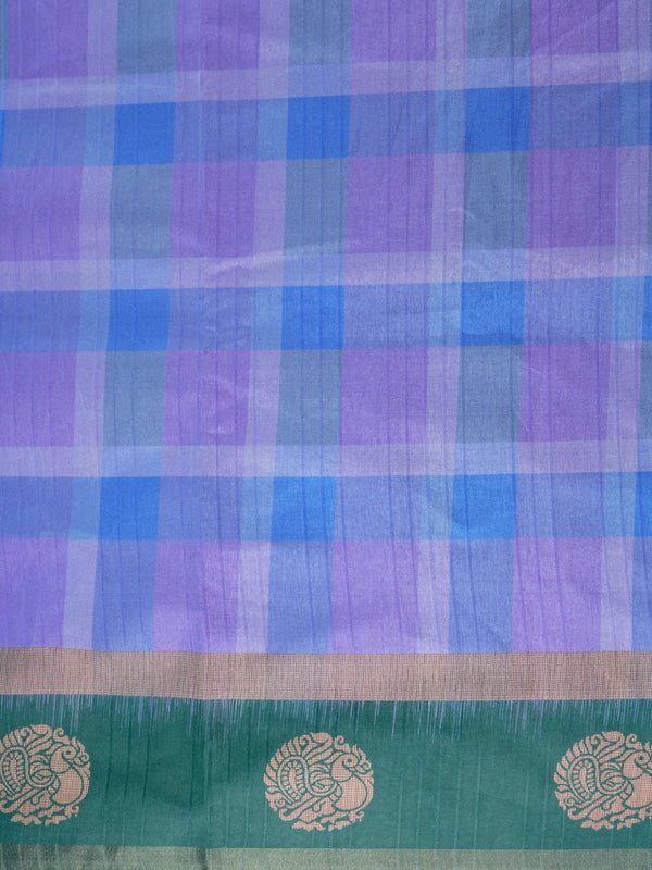 Lavender and blue checked Dola silk saree with green contrast border and copper motifs