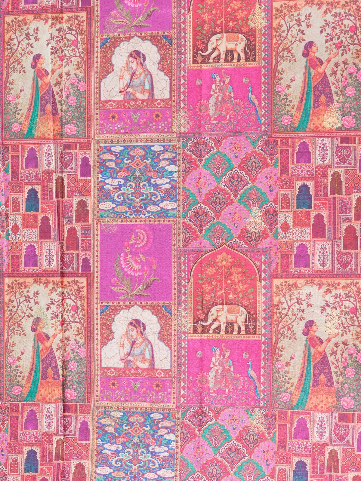 Magenta pink Dola silk saree with Mughal patchwork print and gold zari border