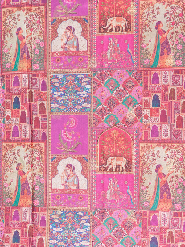 Magenta pink Dola silk saree with Mughal patchwork print and gold zari border