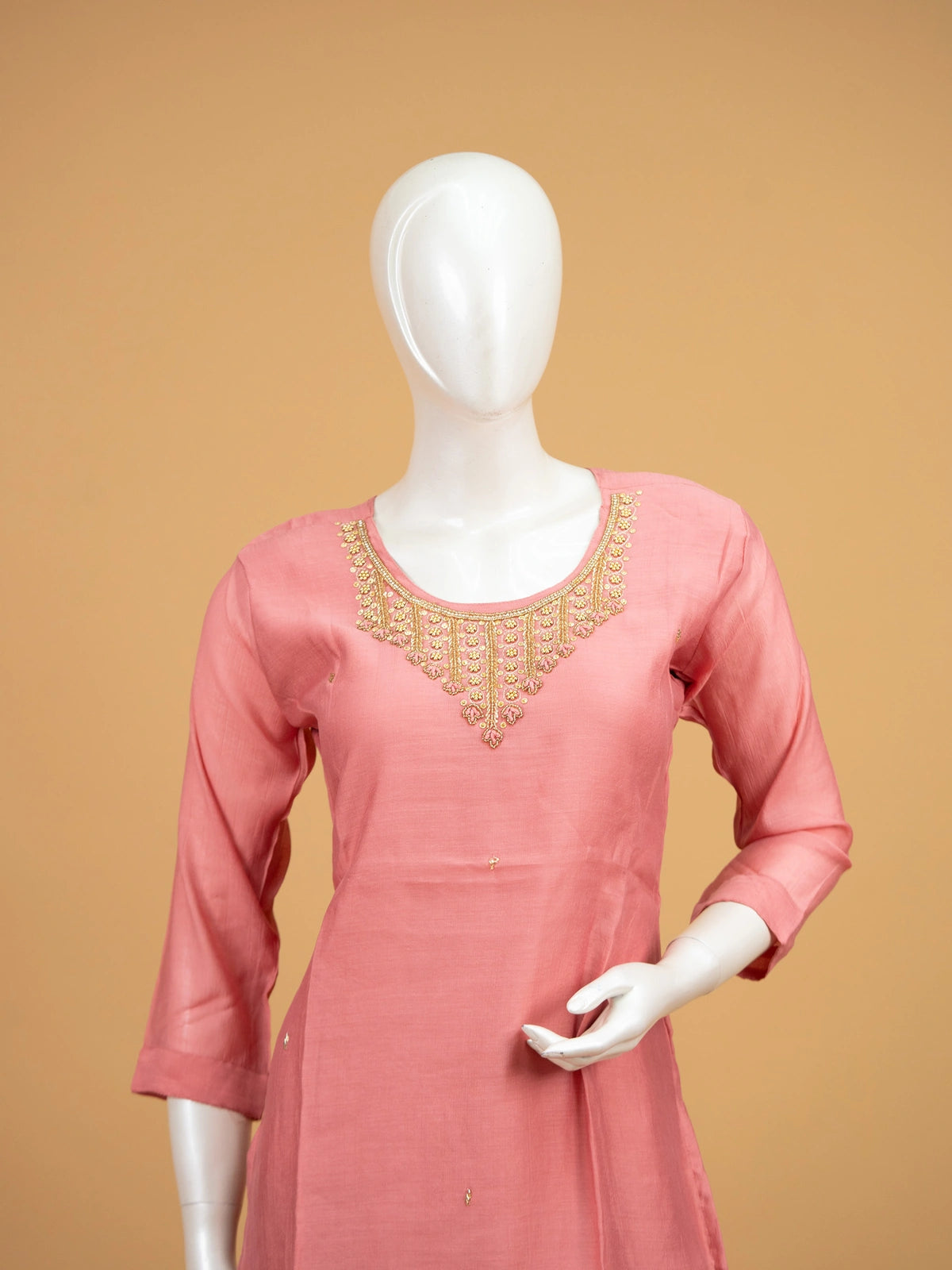 Rose Pink Chanderi Silk Zari Embroidered Straight Cut Kurti Set with dupatta