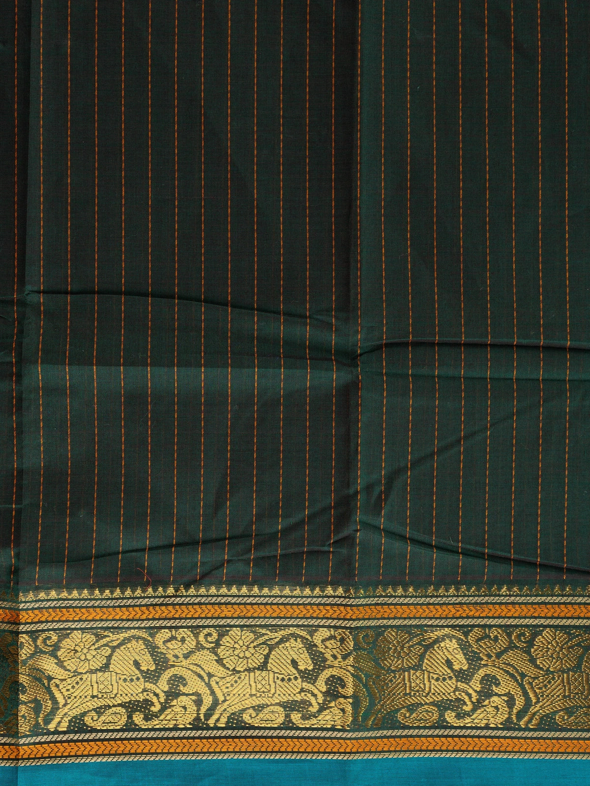 Bottle green Chettinad cotton saree with mustard pinstripes, teal gold zari border and maroon striped pallu