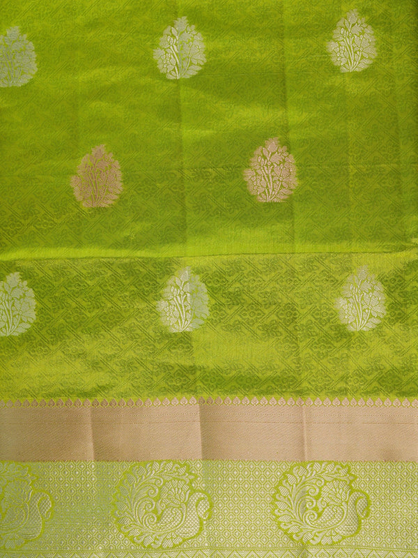 Lime green semi tussar saree with gold and silver floral buttas and contrast beige-gold zari border