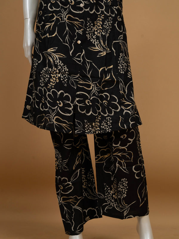 Black and gold floral printed sleeveless cotton co-ord kurti set with matching palazzo pants
