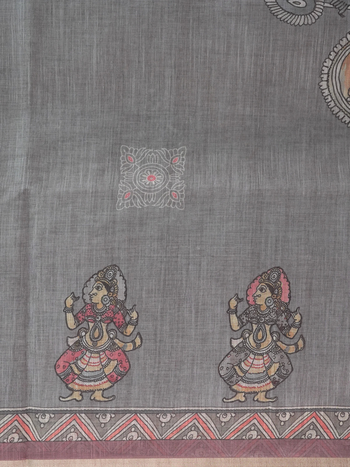 Grey linen cotton saree with Kalamkari-style figurative prints, coral chevron border and contrast mauve blouse