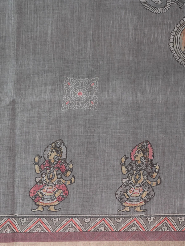Grey linen cotton saree with Kalamkari-style figurative prints, coral chevron border and contrast mauve blouse
