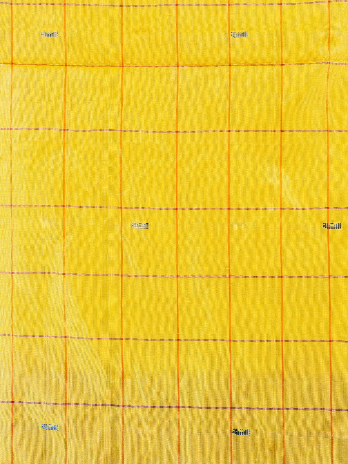 Yellow checked banana silk saree with contrast red zari pallu and coral blouse