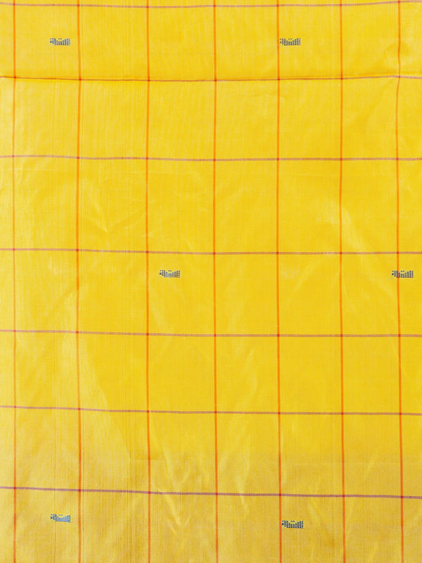 Yellow checked banana silk saree with contrast red zari pallu and coral blouse