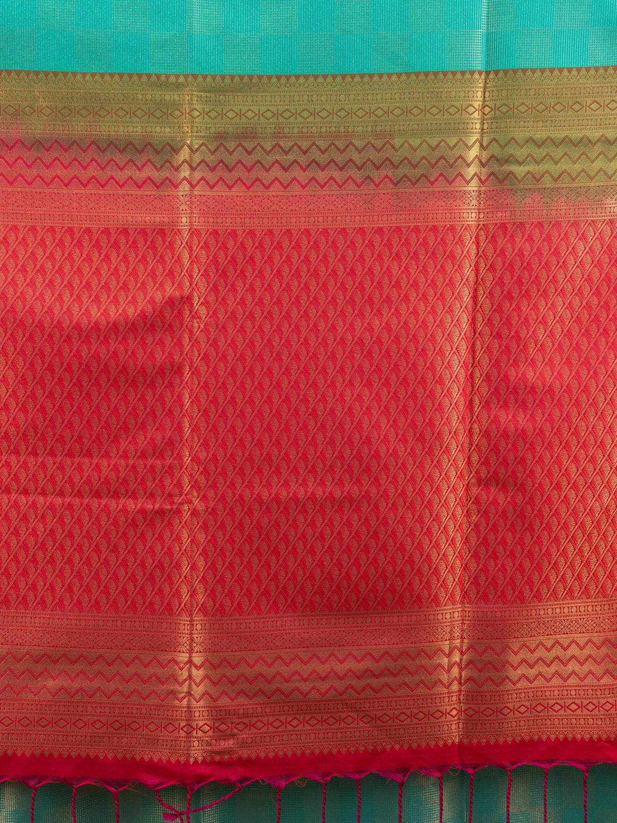 Teal green Kanchipuram Fancy Silk saree with gold zari checks and contrast red zari border and pallu