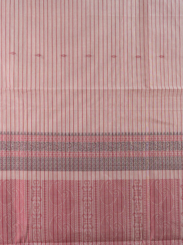 Dusty pink semi raw silk saree with maroon stripes, mustard border and woven paisley pallu