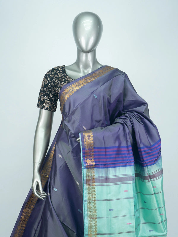 Deep purple Banana Silk saree with contrast turquoise pallu, gold zari border and buti motifs