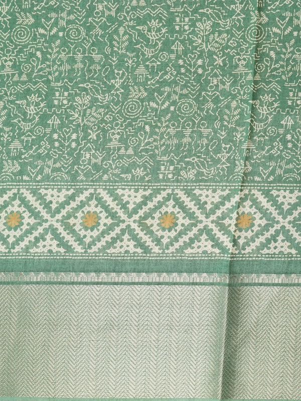 Sea green designer saree with cream tribal Warli print and gold zari border