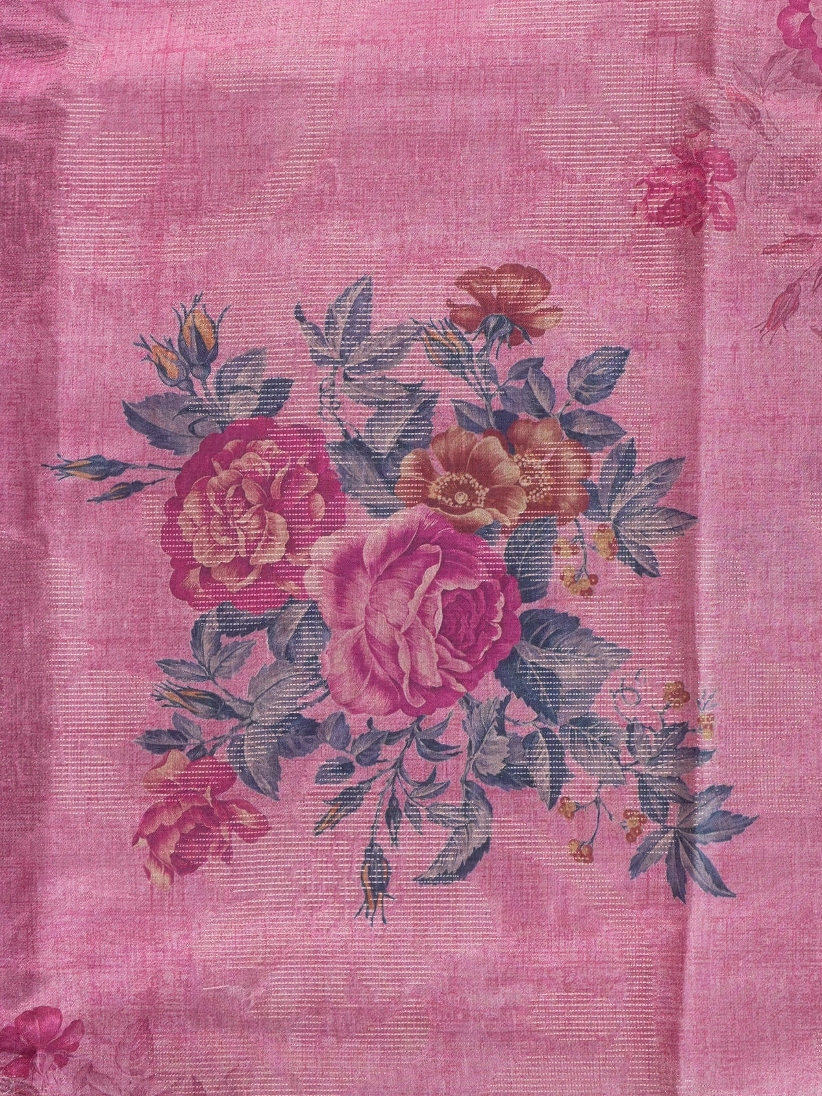 Pink semi tussar saree with floral print body and magenta zari border