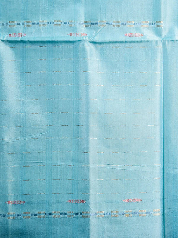 Navy blue banana silk saree with sky-blue contrast pallu, zari stripes and striped border