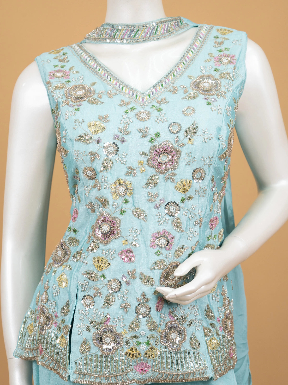 Aqua Blue floral embroidered art silk sleeveless straight cut kurti set with palazzo pants