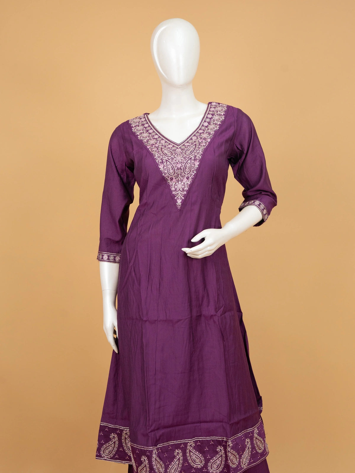 Purple embroidered cotton A-Line kurti set with pants and printed dupatta