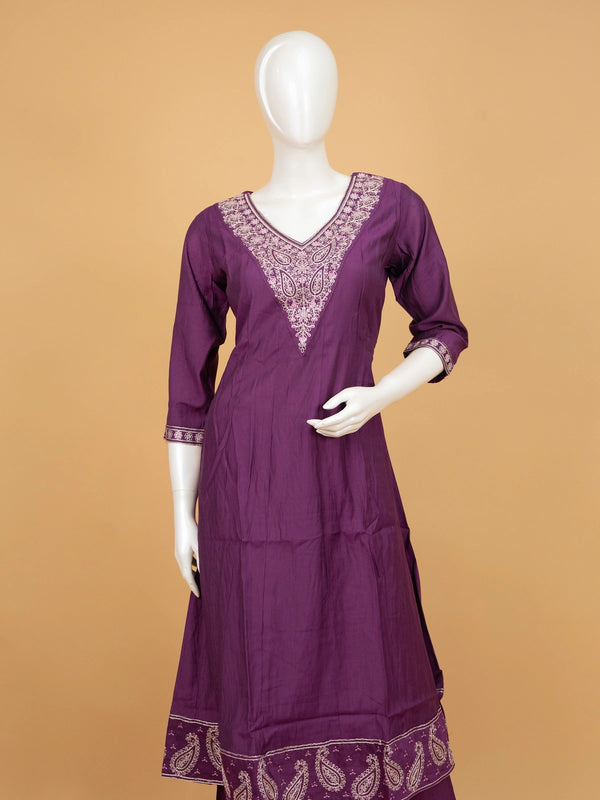 Purple embroidered cotton A-Line kurti set with pants and printed dupatta
