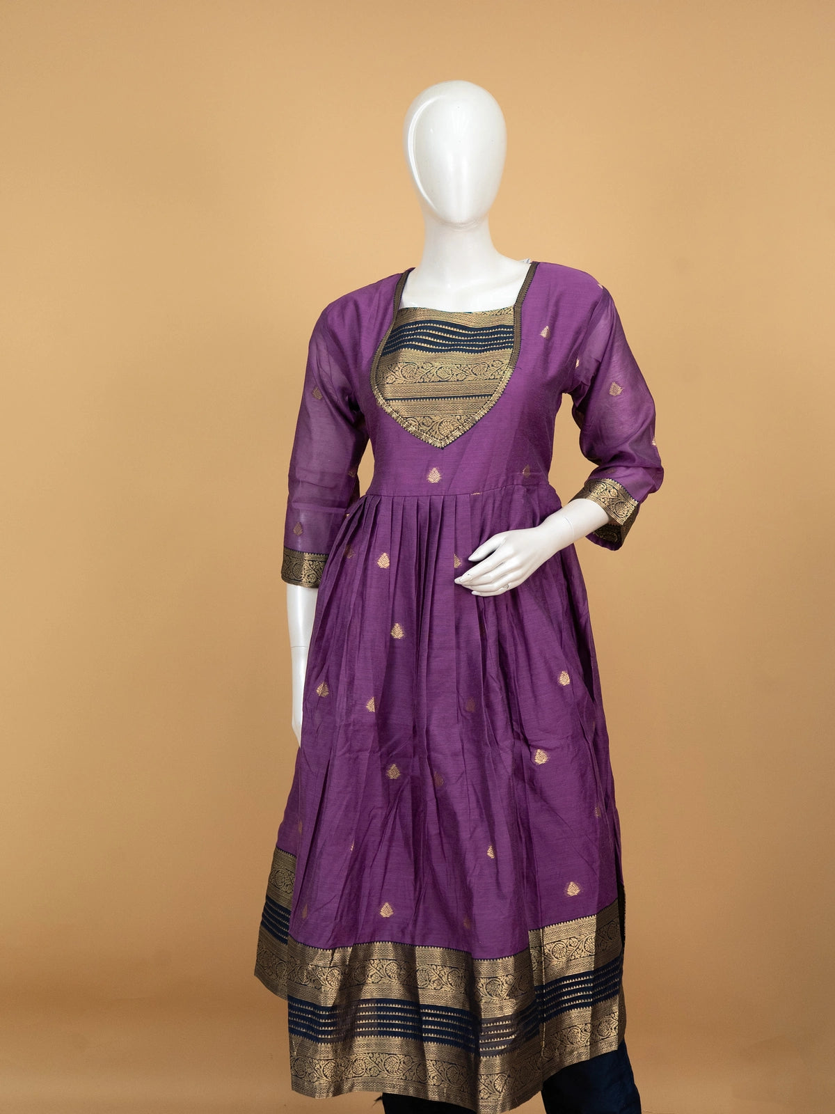 Purple Anarkali kurti set with navy blue zari woven yoke, dupatta and straight pants