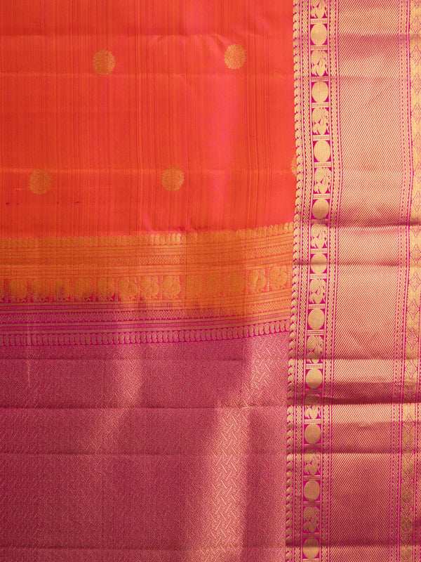 Orange pure Kanchipuram silk saree with contrast pink border and gold zari buttas