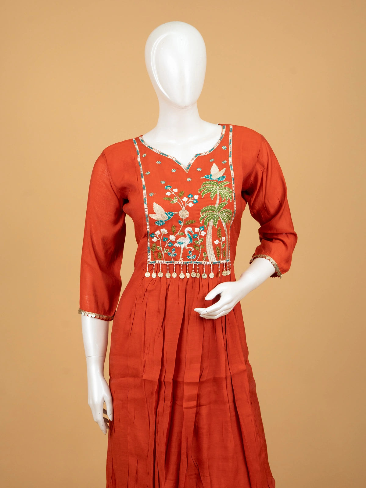 Rust Orange nature embroidered Anarkali kurti set with matching pants and embroidered dupatta