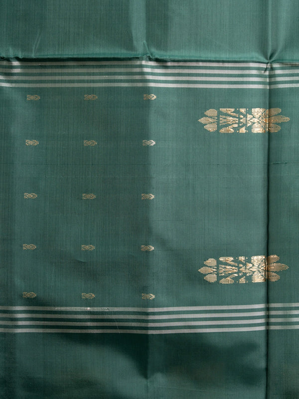 Green and peach checked banana silk saree with dark green zari pallu and border