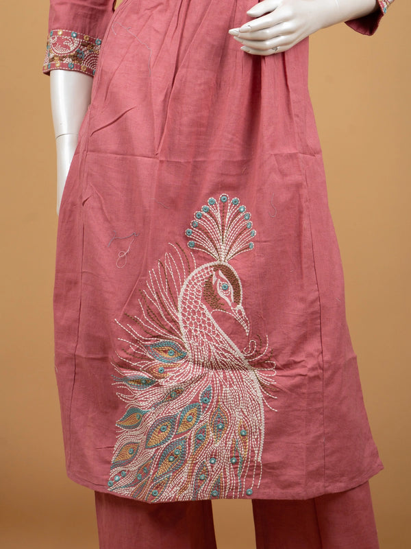 Rose Pink Cotton Peacock Kantha Embroidered Straight Cut Kurti Set with straight-fit pants