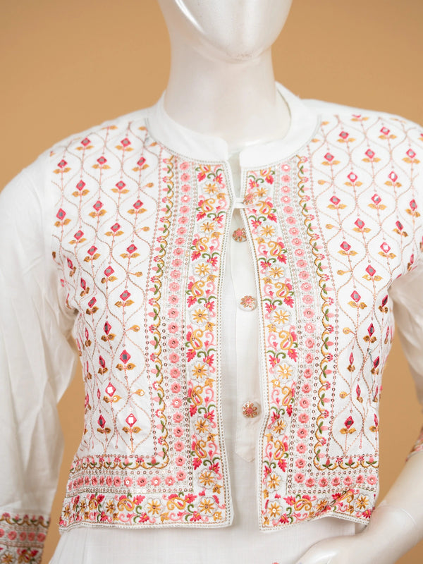 White cotton straight cut kurti set with multicolour embroidered cropped jacket and matching pants