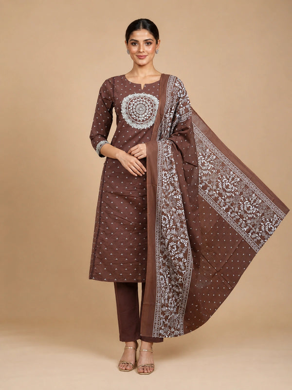 Brown cotton kurti set with white bandhani print, embroidered mandala yoke and matching printed dupatta
