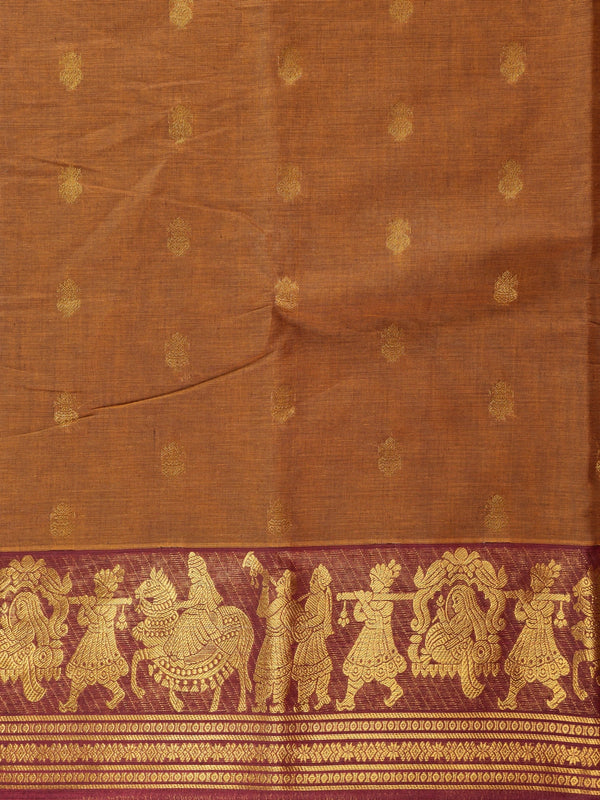 Mustard brown Chettinad cotton saree with maroon contrast border, gold zari buttas and woven pallu