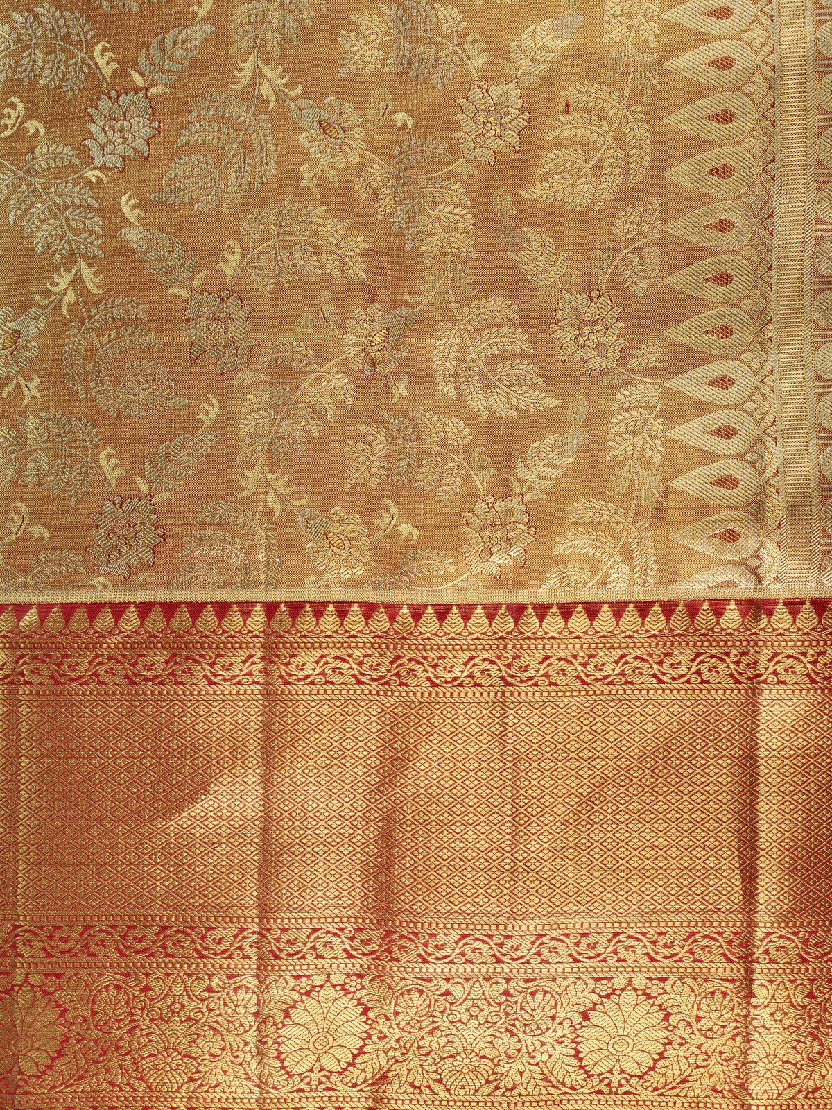 Mustard-gold pure Kanchipuram silk saree with gold zari floral jaal and contrast red zari border